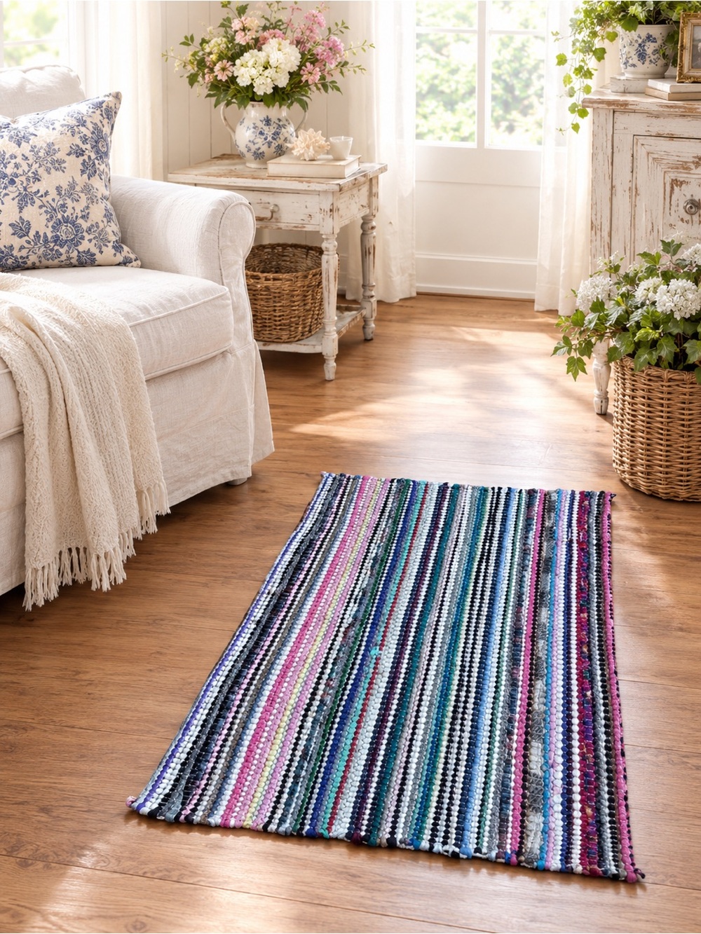 Hand Woven Cotton Rag Rug 24x42 - Boho Farmhouse OOAK Artisan Textile